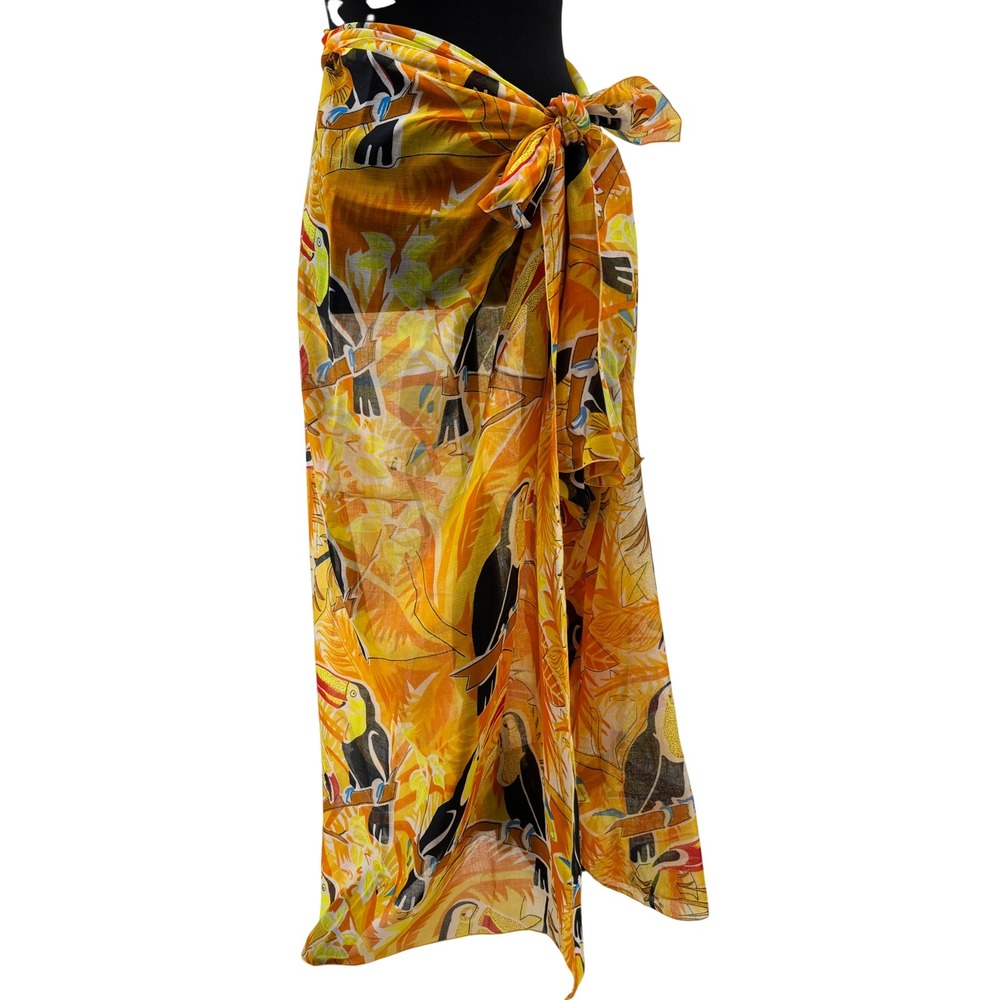 Rima Orange Toucan Tropical Print Pareo Sarong Wrap Beach Cover Up Terryvoile